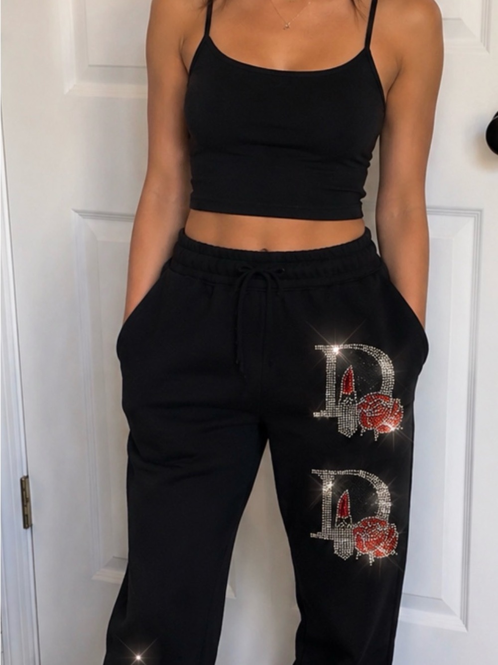Black Rhinestone Logo Jogger Pants